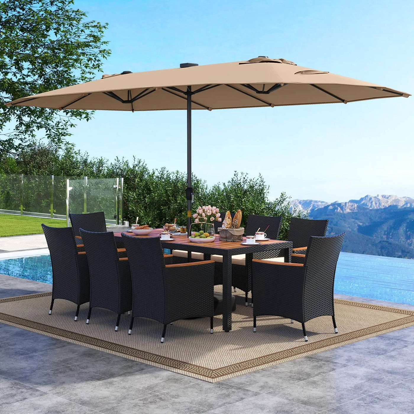 11 Pieces Patio Dining Set with LED Patio Umbrella with Base and Seat Cushions (Beige) by DirectDeals