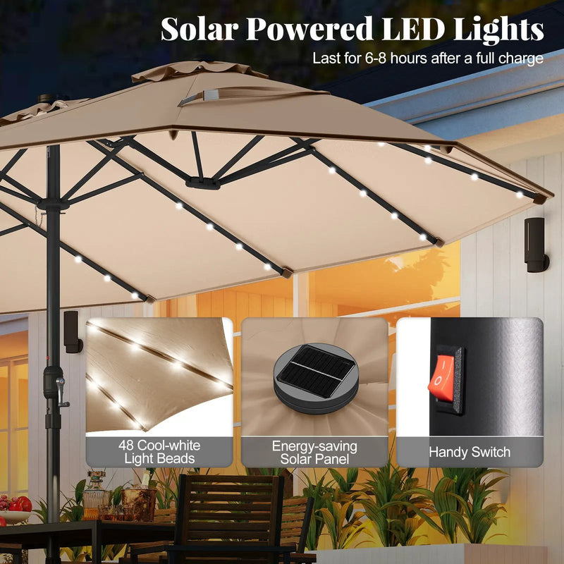 11 Pieces Patio Dining Set with LED Patio Umbrella with Base and Seat Cushions (Beige) by DirectDeals