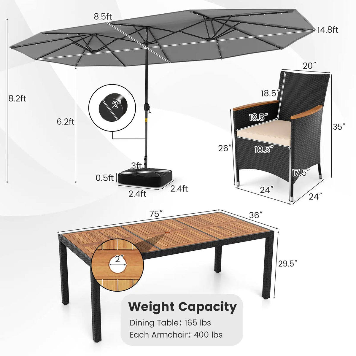 11 Pieces Patio Dining Set with LED Patio Umbrella with Base and Seat Cushions (Beige) by DirectDeals