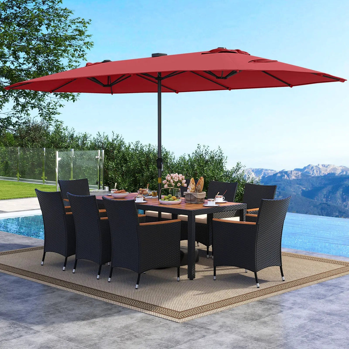 11 Pieces Patio Dining Set with LED Patio Umbrella with Base and Seat Cushions (Beige) by DirectDeals