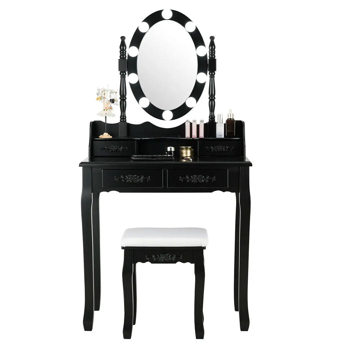Makeup Dressing Table with Touch Switch Lighted Mirror and Cushioned Stool by DirectDeals