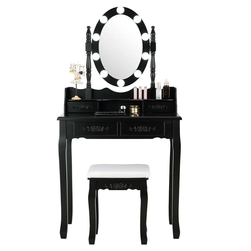Makeup Dressing Table with Touch Switch Lighted Mirror and Cushioned Stool by DirectDeals
