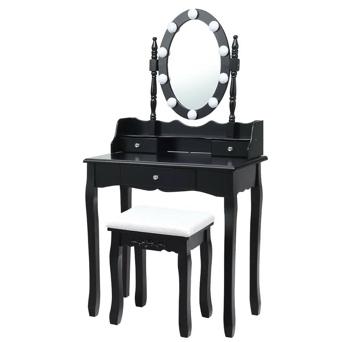 Oval Mirror Vanity Set with 10 LED Dimmable Bulbs and 3 Drawers by DirectDeals