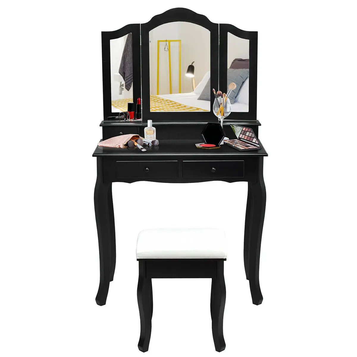 4 Drawers Wood Mirrored Vanity Dressing Table with Stool by DirectDeals