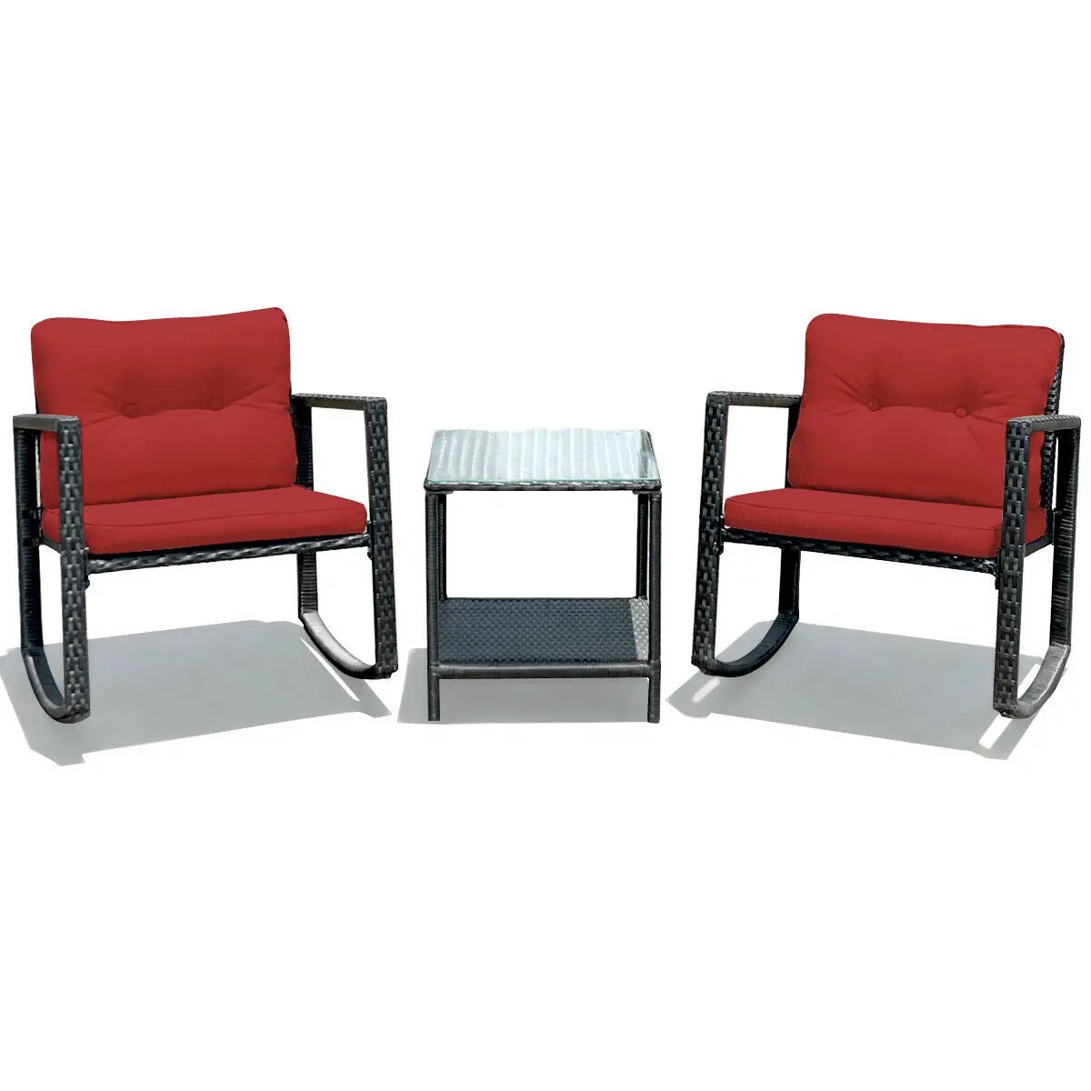 3 Pieces Cushioned Patio Rattan Set with Rocking Chair and Table-Black by DirectDeals