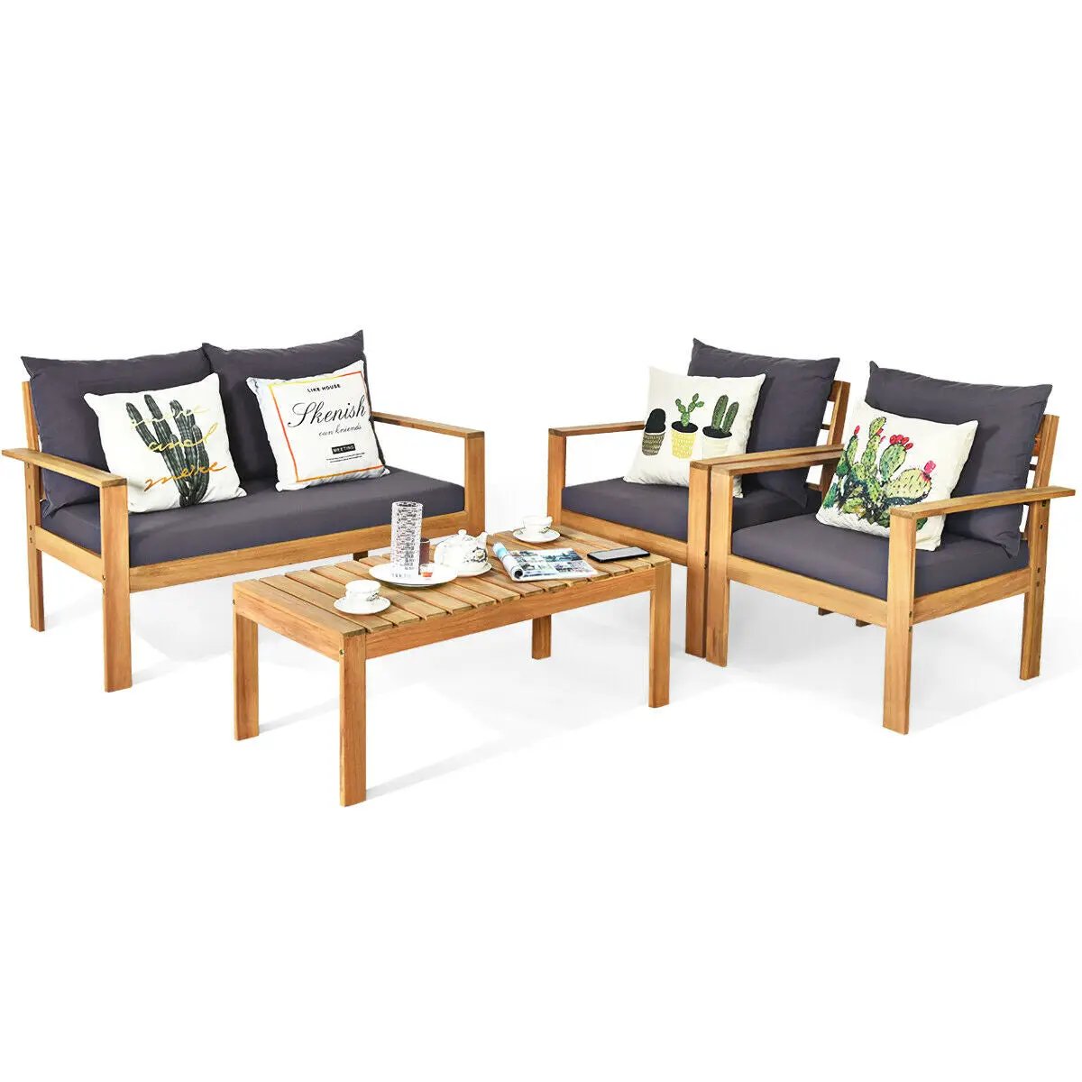 Outdoor 4 Pieces Acacia Wood Chat Set with Water Resistant Cushions by DirectDeals