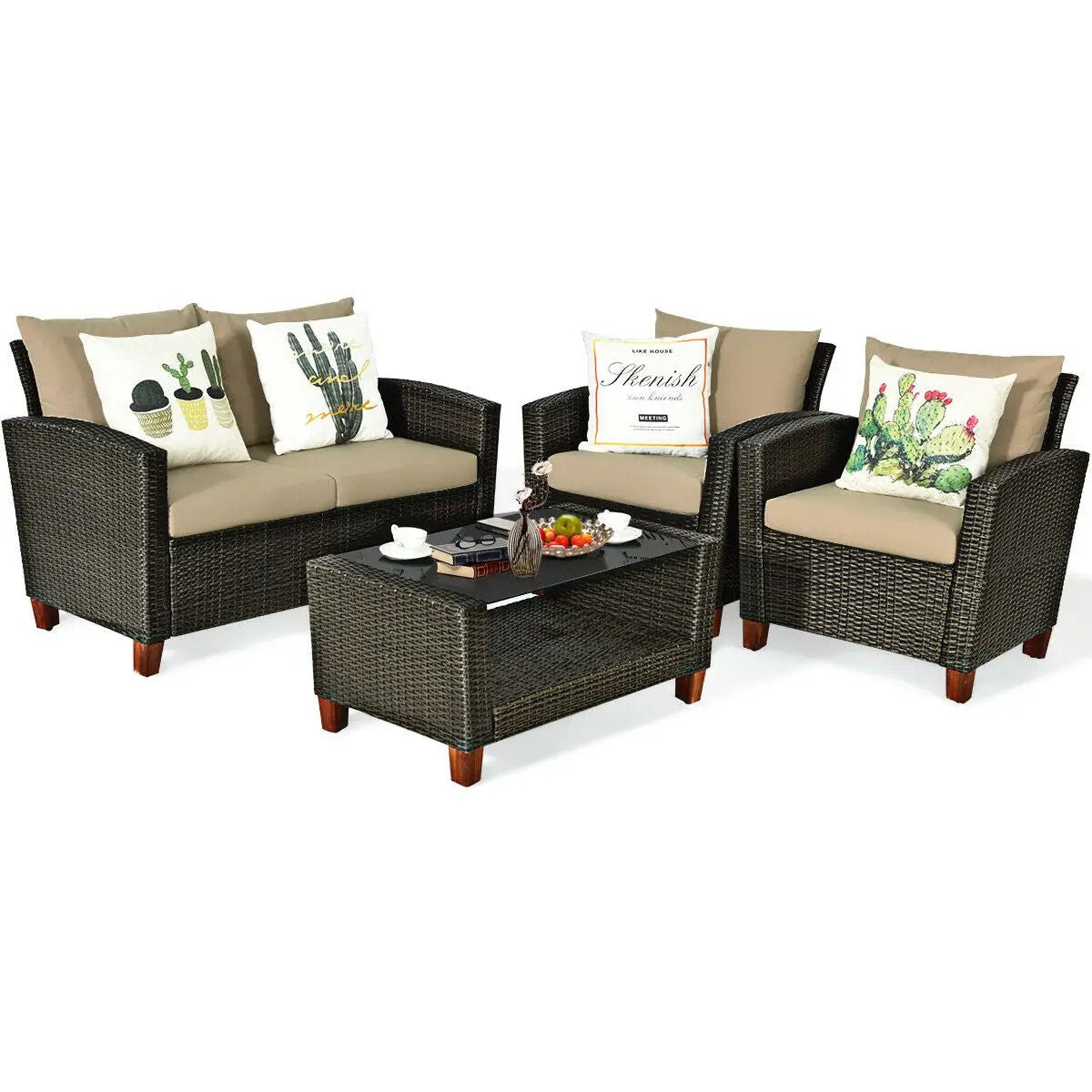 4 Pieces Patio Rattan Furniture Set with Cushions by DirectDeals
