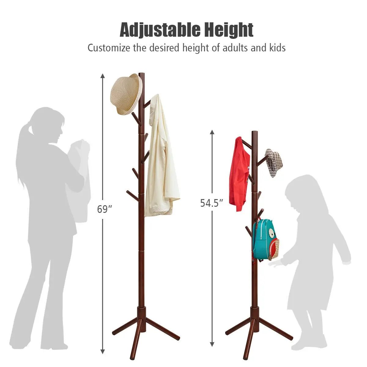 2 Heights Wooden Coat Rack with 8 Hooks by DirectDeals