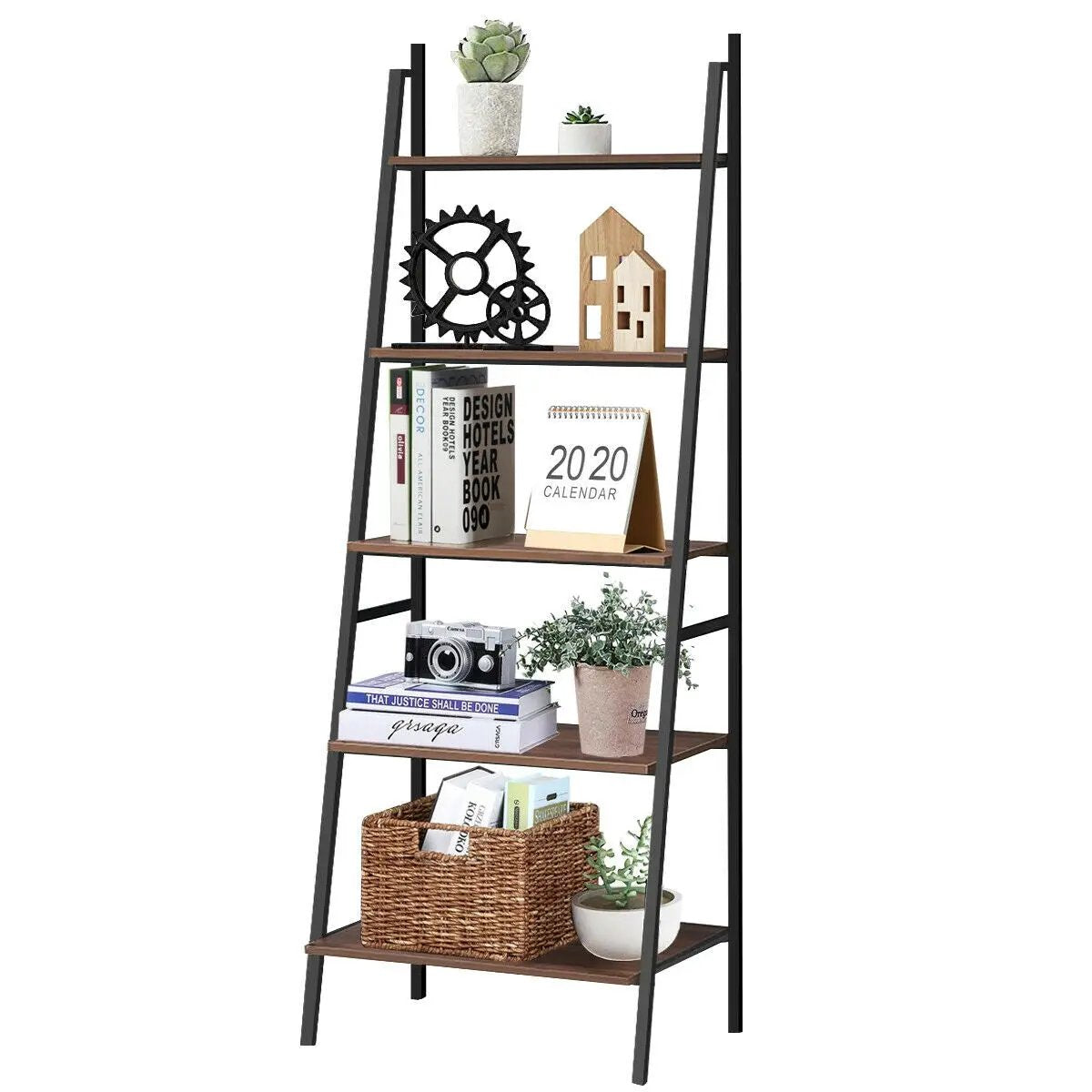 5 Tier Leaning Bookshelf Wood Metal Bookcase by DirectDeals