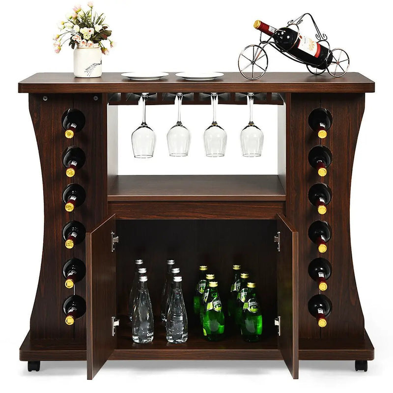 Rolling Buffet Sideboard Wooden Bar Storage Cabinet-Walnut by DirectDeals