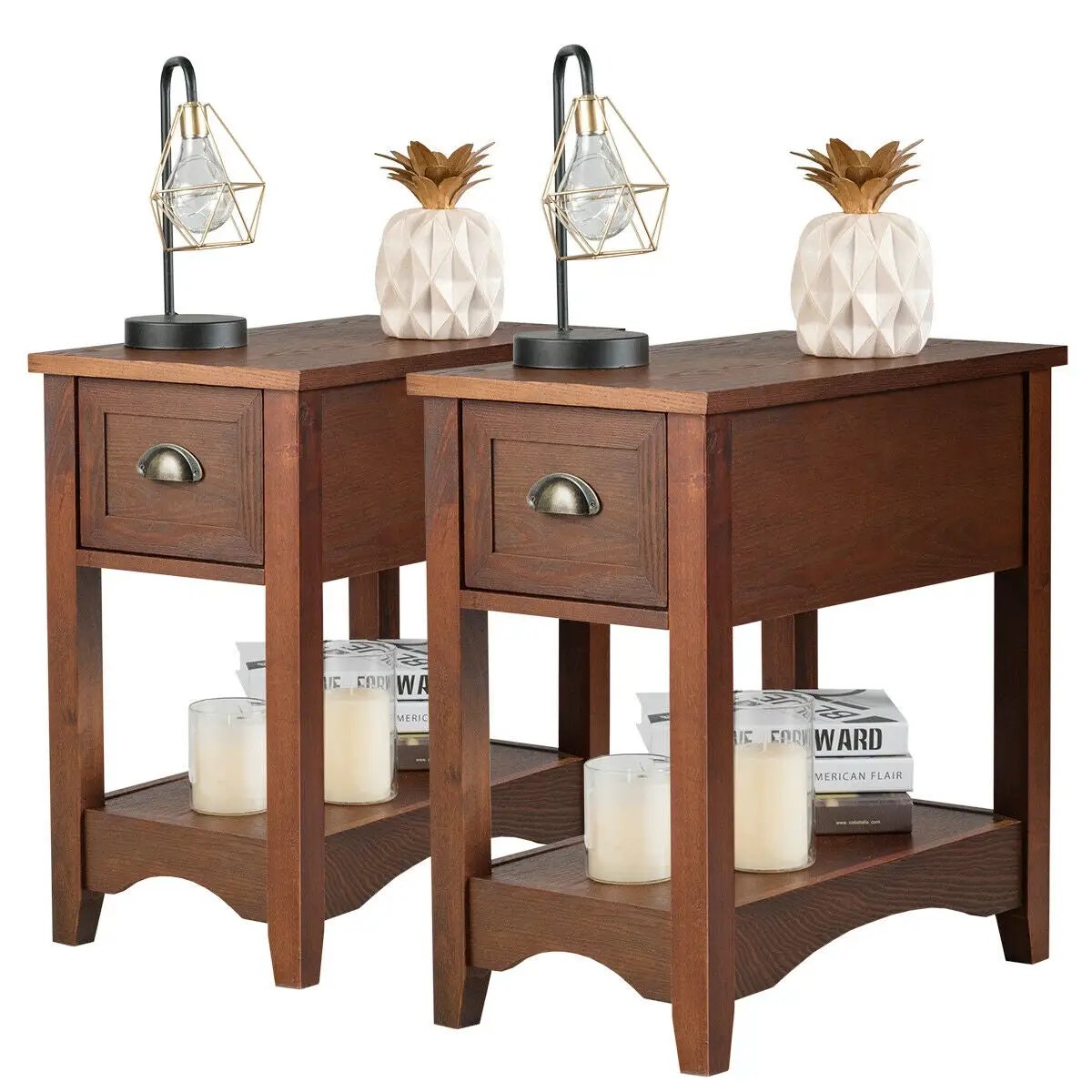 2 Pieces Retro Narrow Tiered End Table with Drawer and Storing Shelf by DirectDeals