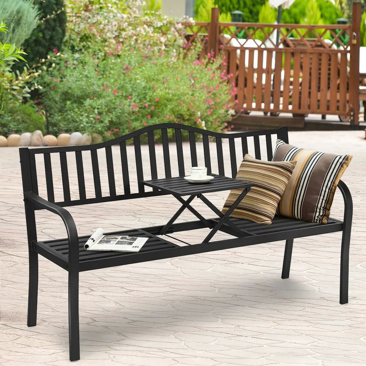Patio Garden Bench Steel Frame with Adjustable Center Table by DirectDeals