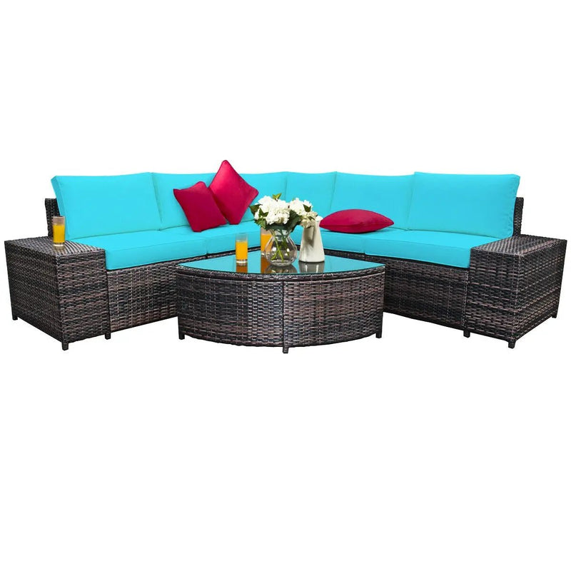 6 Piece Wicker Patio Sectional Sofa Set with Tempered Glass Coffee Table by DirectDeals