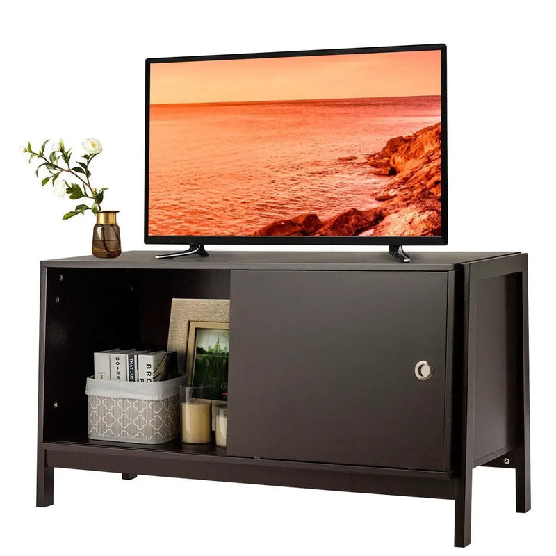 TV Stand Modern Entertainment Cabinet with Sliding Doors-Dark Brown by DirectDeals