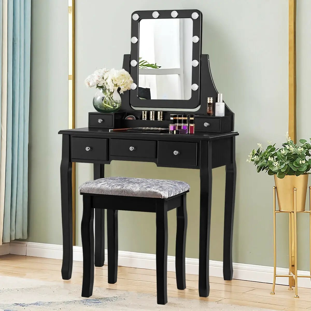 Vanity Dressing Table Set with 10 Dimmable Bulbs and Cushioned Stool by DirectDeals