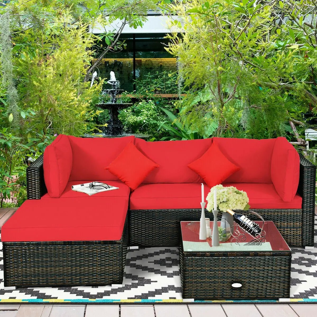 5 Pcs Outdoor Patio Rattan Furniture Set Sectional Conversation with Navy Cushions-Turquoise by DirectDeals