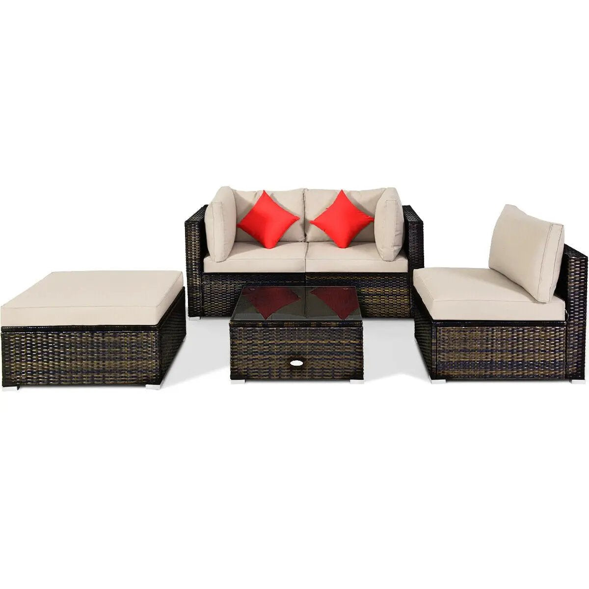 5 Pcs Outdoor Patio Rattan Furniture Set Sectional Conversation with Navy Cushions-Turquoise by DirectDeals