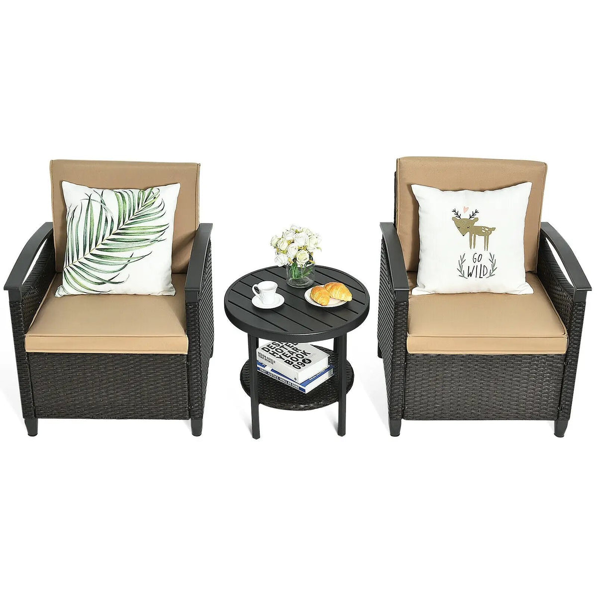 3 Pieces Patio Rattan Furniture Set Cushioned Sofa Storage Table with Shelf Garden by DirectDeals