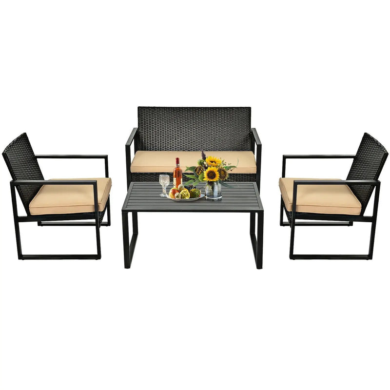 4 Pieces Patio Rattan Furniture Set with Seat Cushions and Coffee Table by DirectDeals
