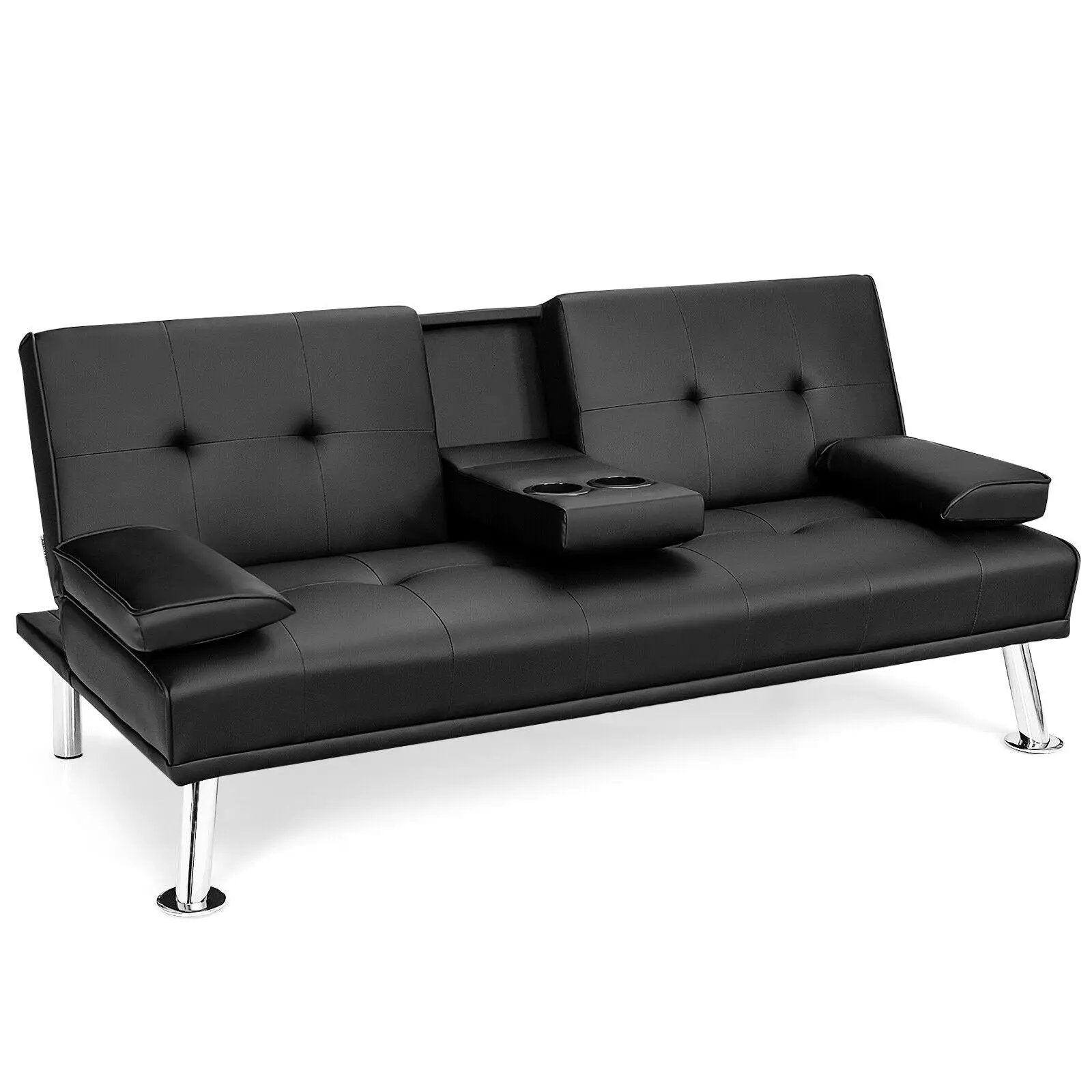 Convertible Folding Leather Futon Sofa with Cup Holders and Armrests by DirectDeals