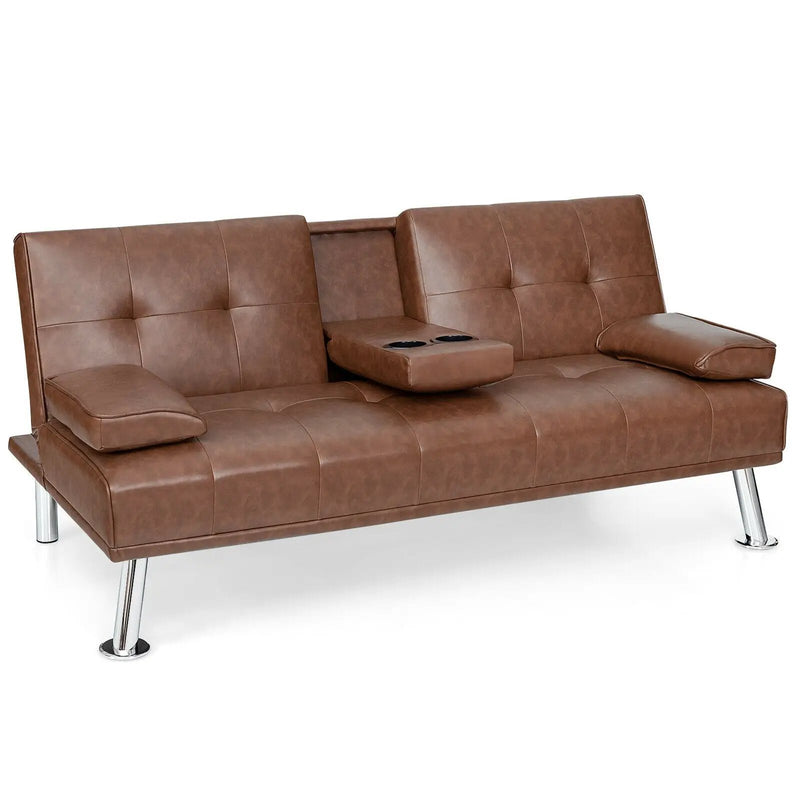 Convertible Folding Leather Futon Sofa with Cup Holders and Armrests by DirectDeals