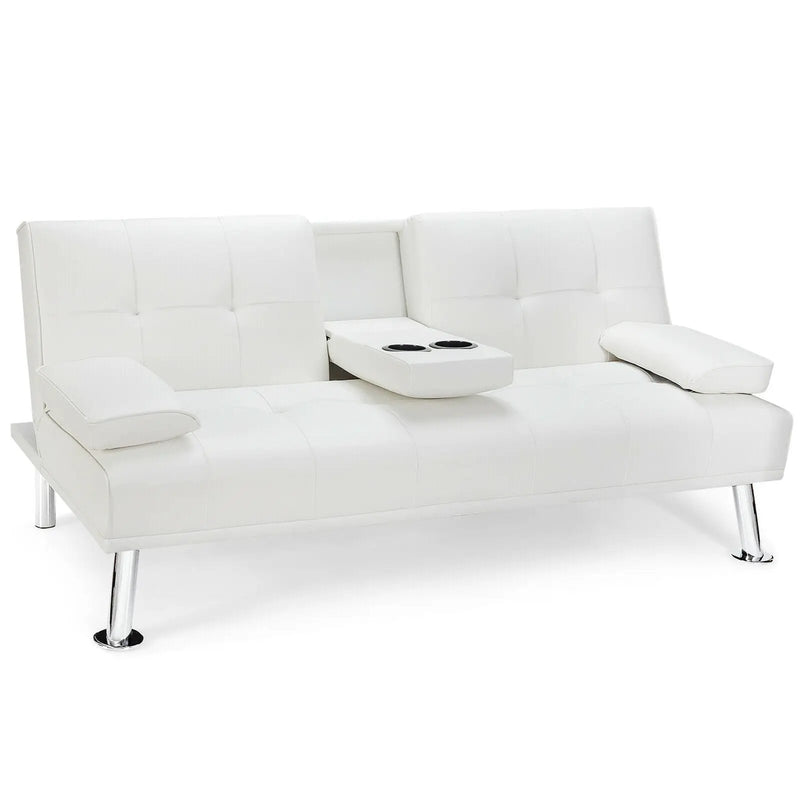 Convertible Folding Leather Futon Sofa with Cup Holders and Armrests by DirectDeals