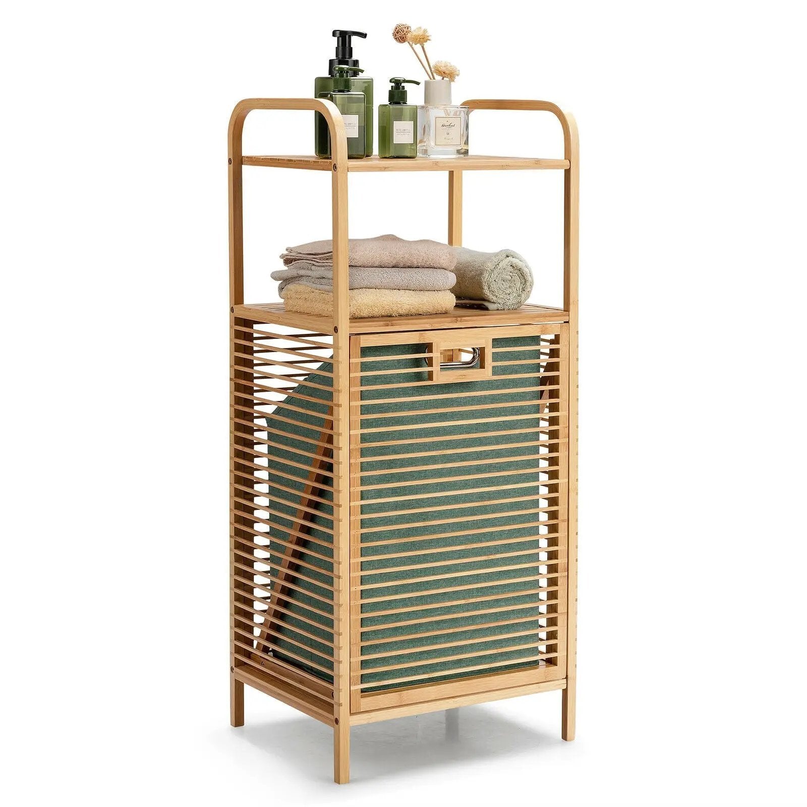 Tilt-out Bamboo Laundry Hamper with 2-Tier Shelf and Removable Liner-Natural by DirectDeals