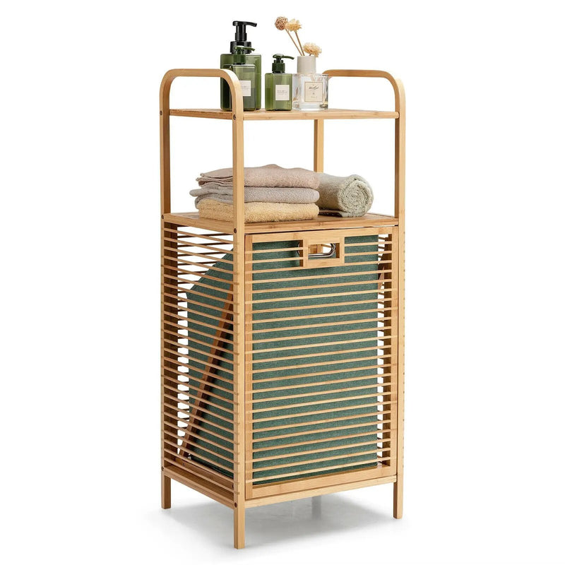 Tilt-out Bamboo Laundry Hamper with 2-Tier Shelf and Removable Liner-Natural by DirectDeals