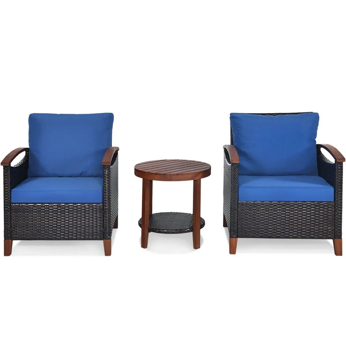3 Pieces Patio Rattan Furniture Set with Washable Cushion and Acacia Wood Tabletop by DirectDeals