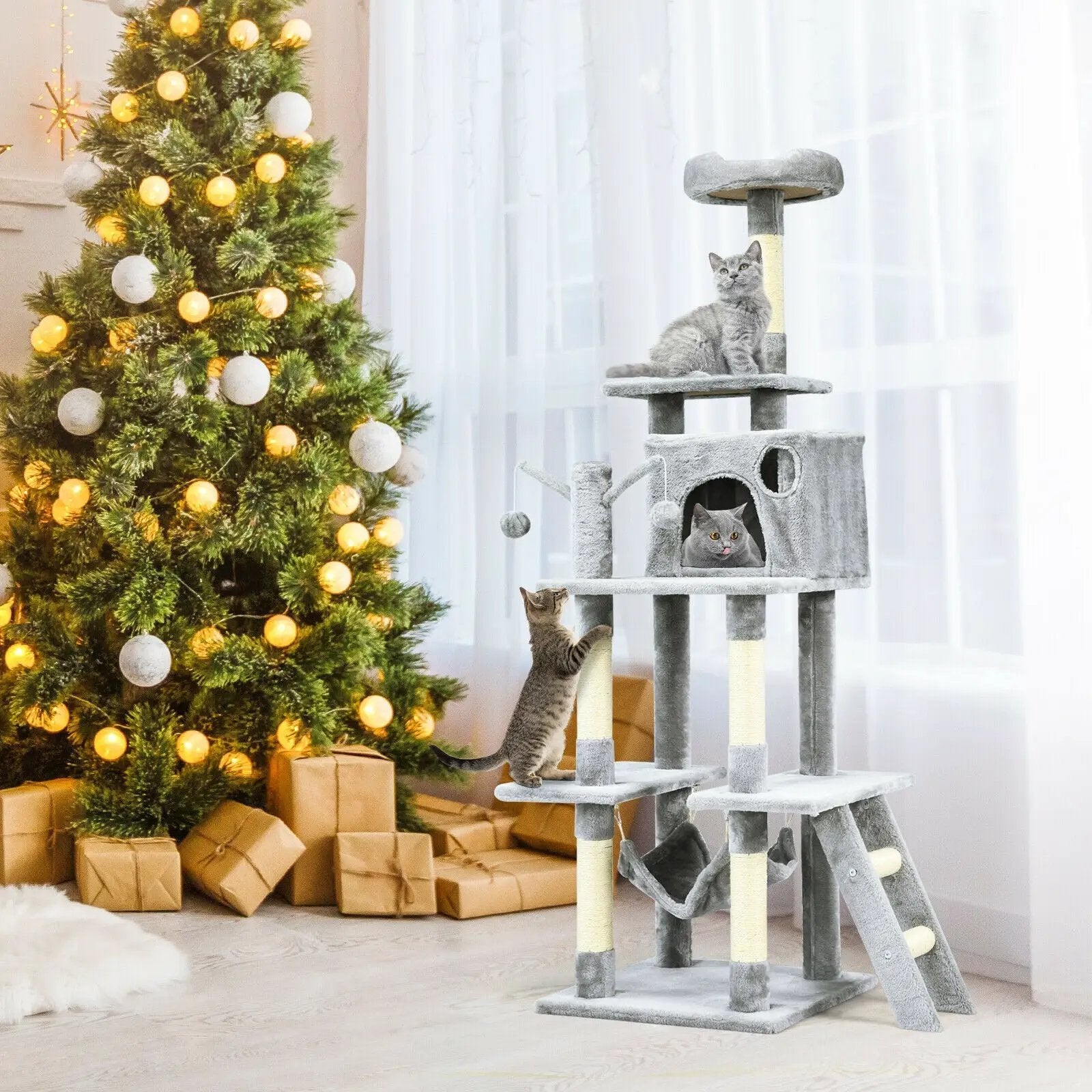 66 Inch Cat Tree Condo Kitten Multi-Level Activity Center-Gray by DirectDeals