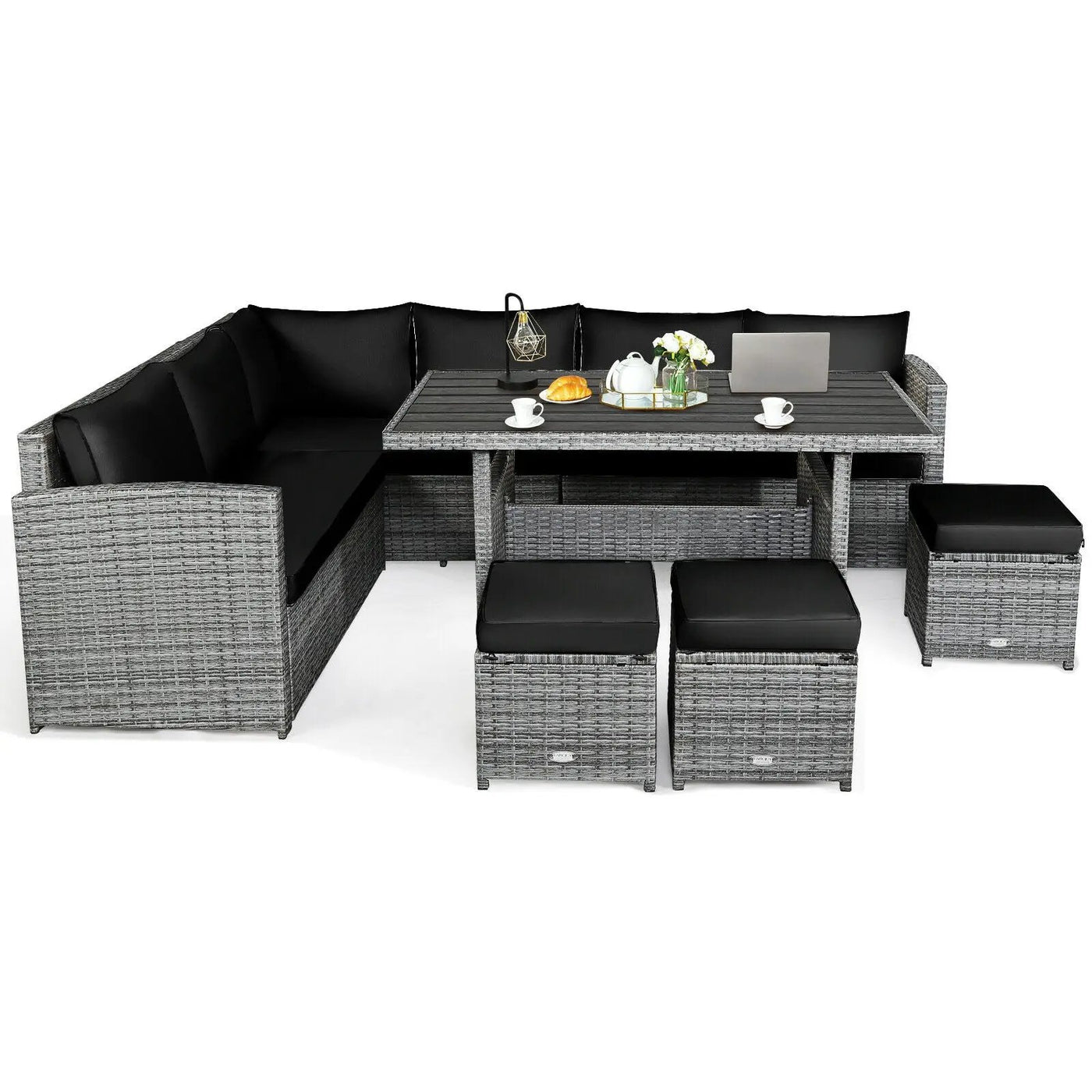 7 Pieces Patio Rattan Dining Furniture Sectional Sofa Set with Wicker Ottoman by DirectDeals