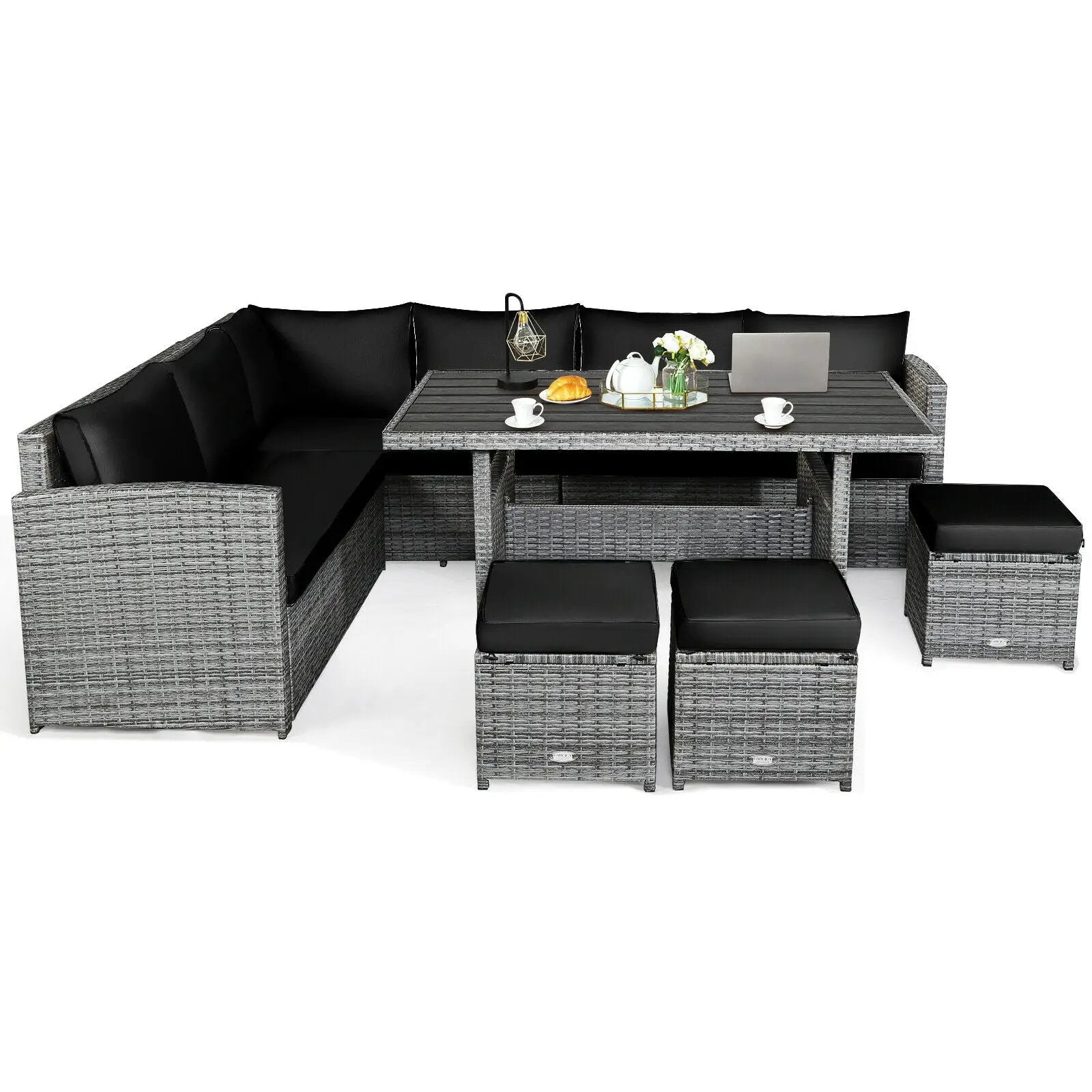 7 Pieces Patio Rattan Dining Furniture Sectional Sofa Set with Wicker Ottoman by DirectDeals
