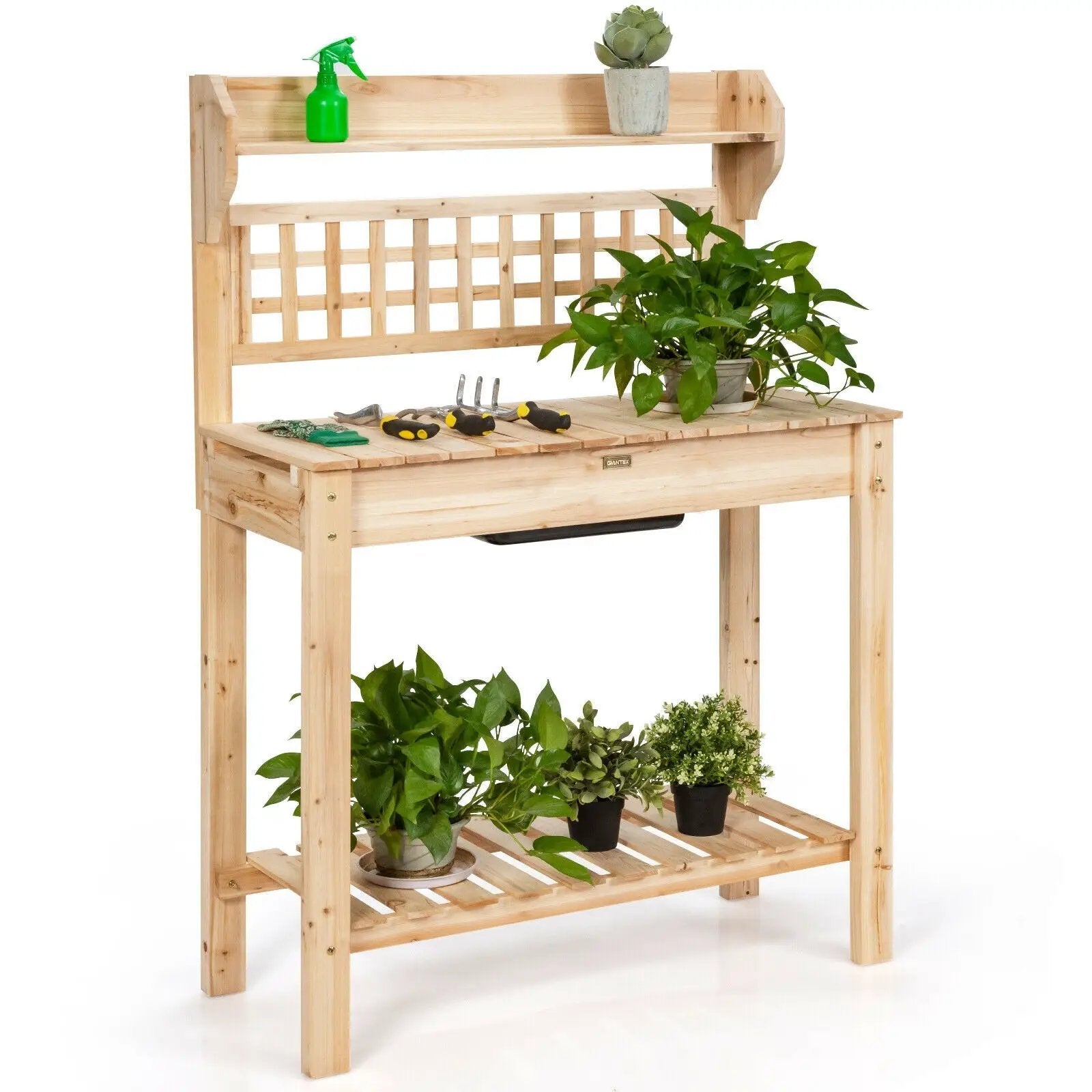 Garden Potting Bench Workstation Table with Sliding Tabletop Sink Shelves by DirectDeals