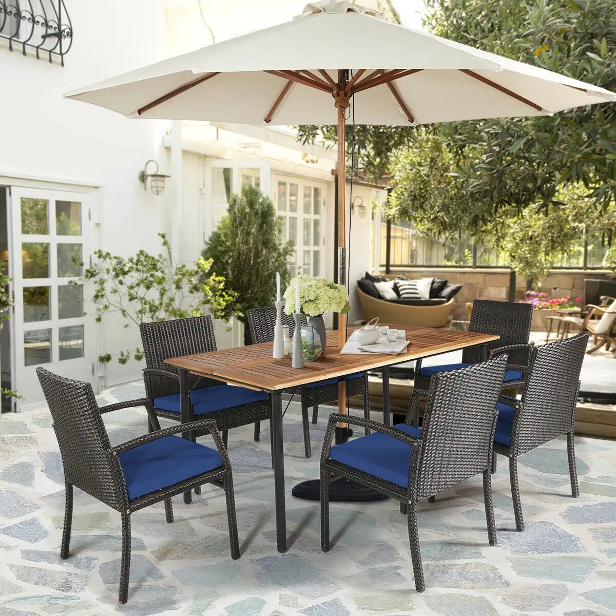 7Pcs Patio Rattan Cushioned Dining Set with Umbrella Hole by DirectDeals