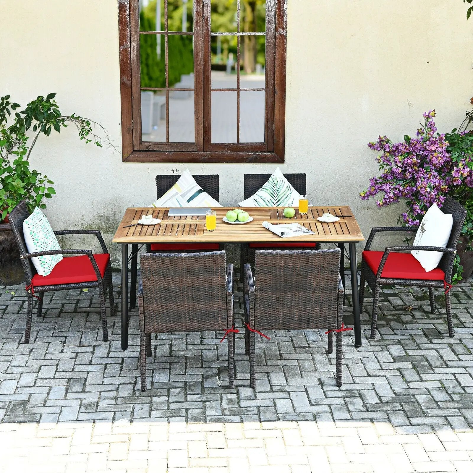 7Pcs Patio Rattan Cushioned Dining Set with Umbrella Hole by DirectDeals