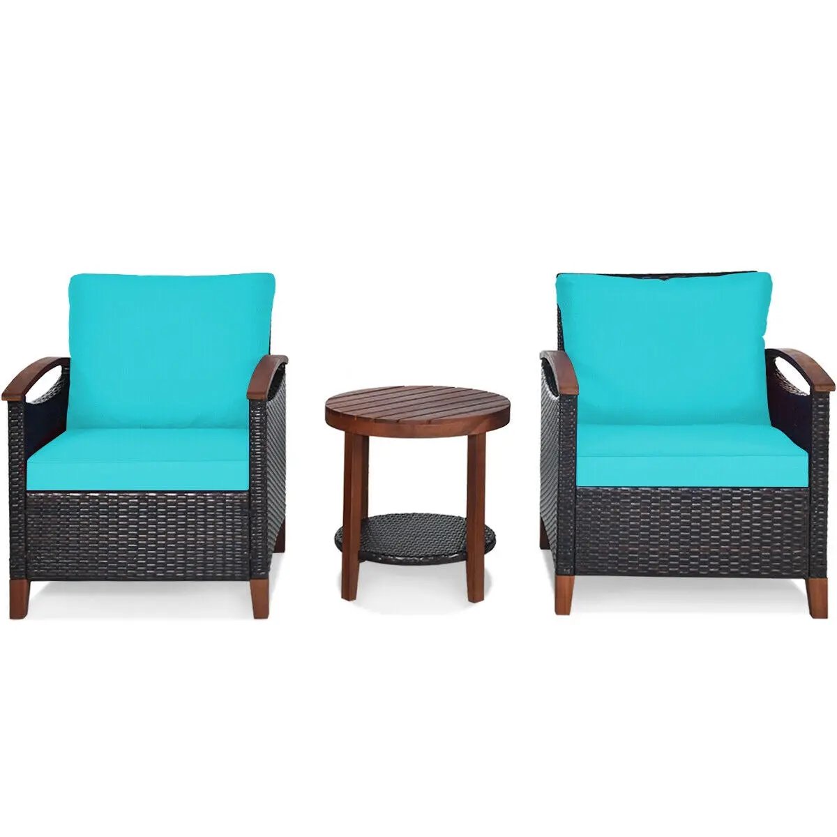 3 Pieces Patio Rattan Furniture Set with Washable Cushion and Acacia Wood Tabletop by DirectDeals