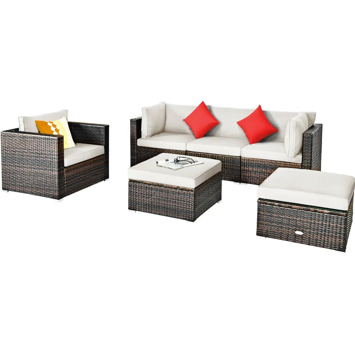 6 Pcs Patio Rattan Furniture Set with Sectional Cushion by DirectDeals