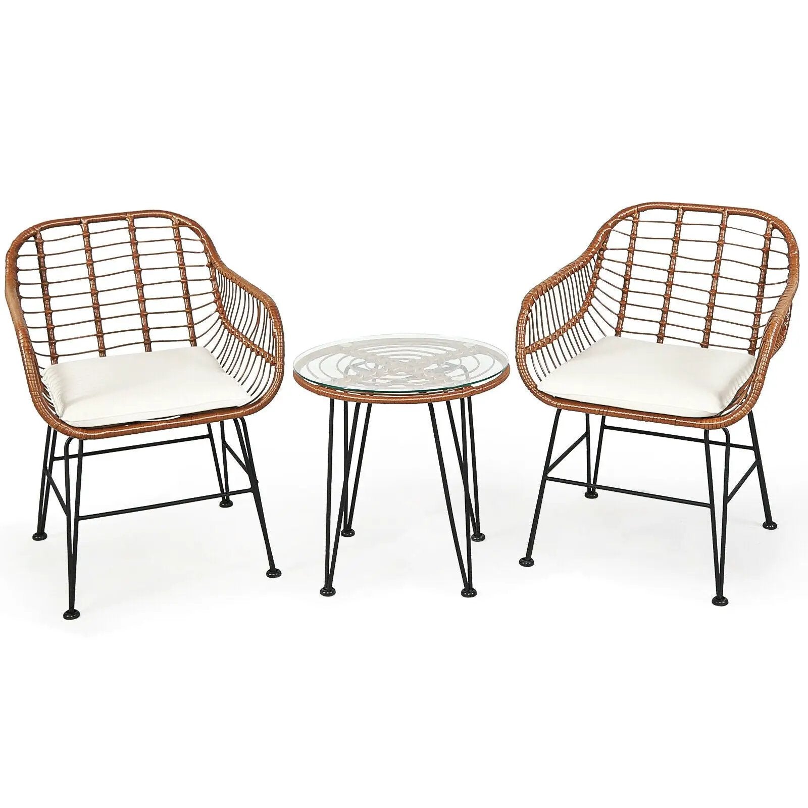 3-Piece Rattan Bistro Set with Cushions and Glass Table by DirectDeals