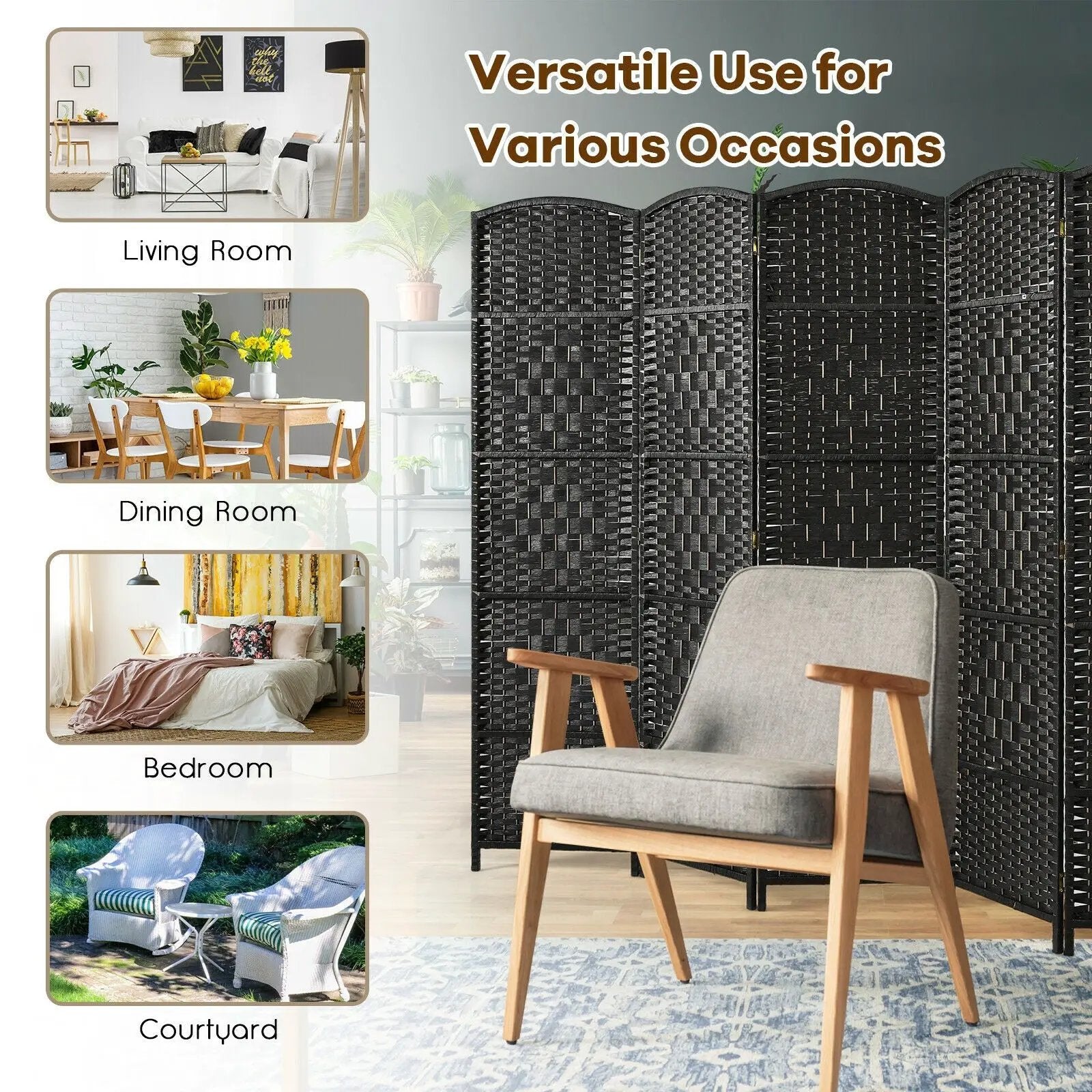 6.5Ft 6-Panel Weave Folding Fiber Room Divider Screen by DirectDeals