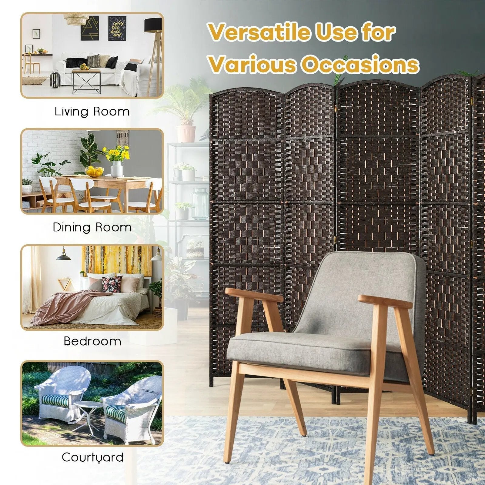 6.5Ft 6-Panel Weave Folding Fiber Room Divider Screen by DirectDeals