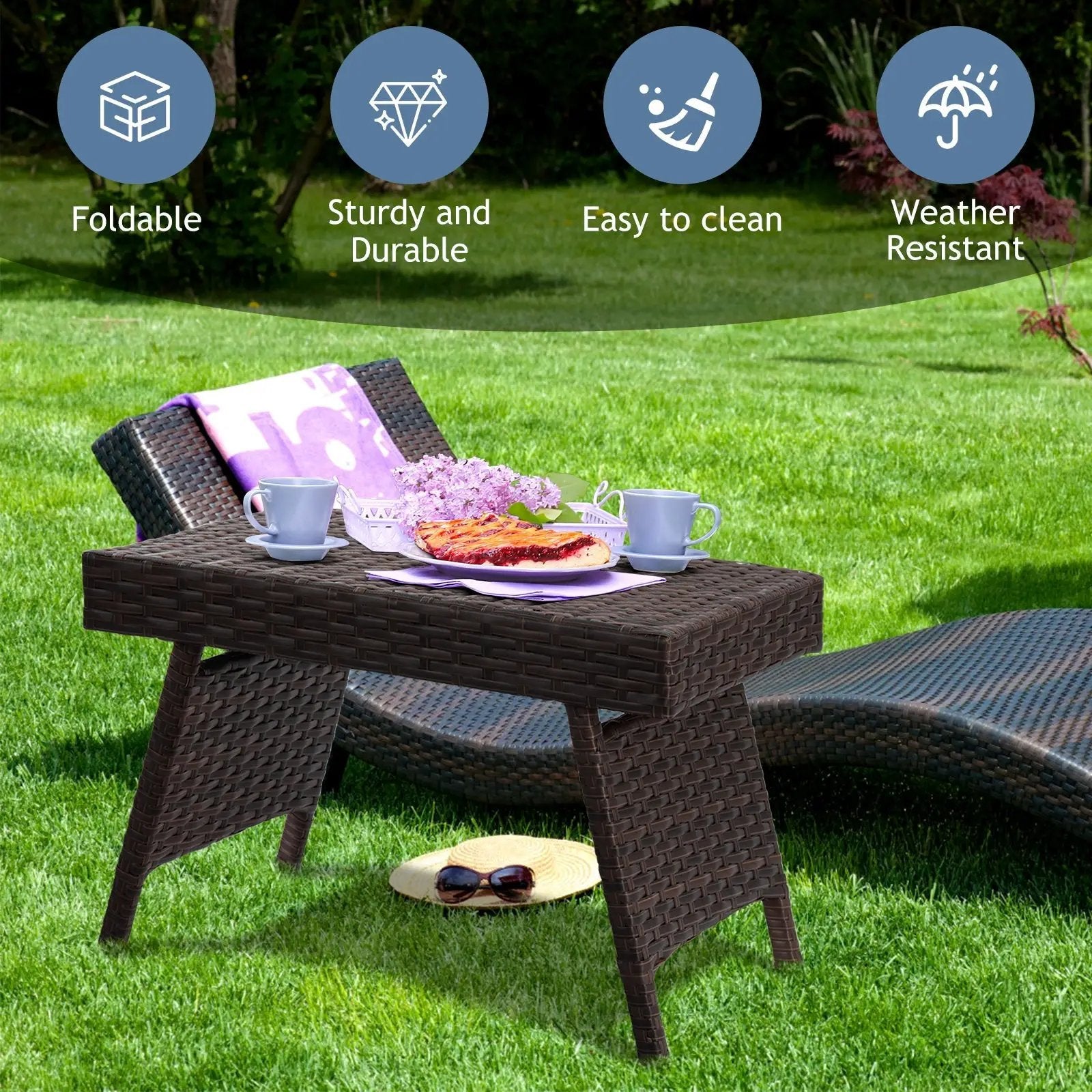 Folding PE Rattan Side Coffee Table Patio Garden Furniture by DirectDeals