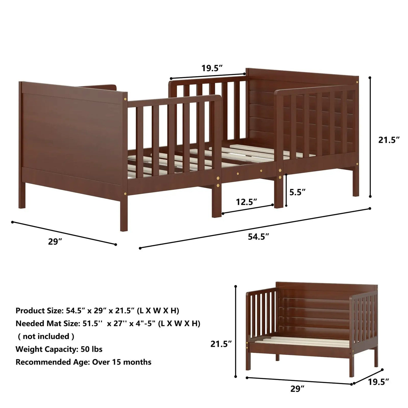 2-in-1 Convertible Kids Wooden Bedroom Furniture with Guardrails by DirectDeals