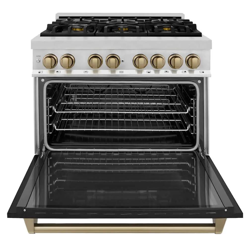 ZLINE 36" Autograph Dual Fuel Range, Black, Bronze, RAZ-BLM-36-CB by Farmhouse Kitchen and Bath