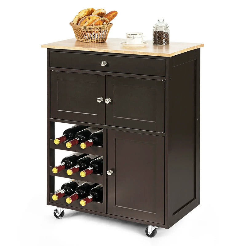 Kitchen Cart with Rubber Wood Top 3 Tier Wine Racks 2 Cabinets by DirectDeals