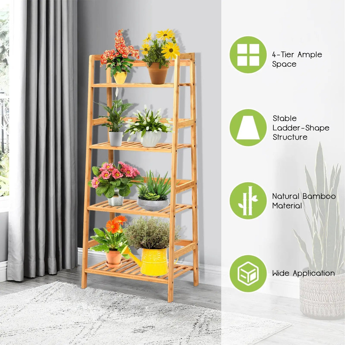 4-Tier Bamboo Plant Rack with Guardrails Stable and Space-Saving by DirectDeals
