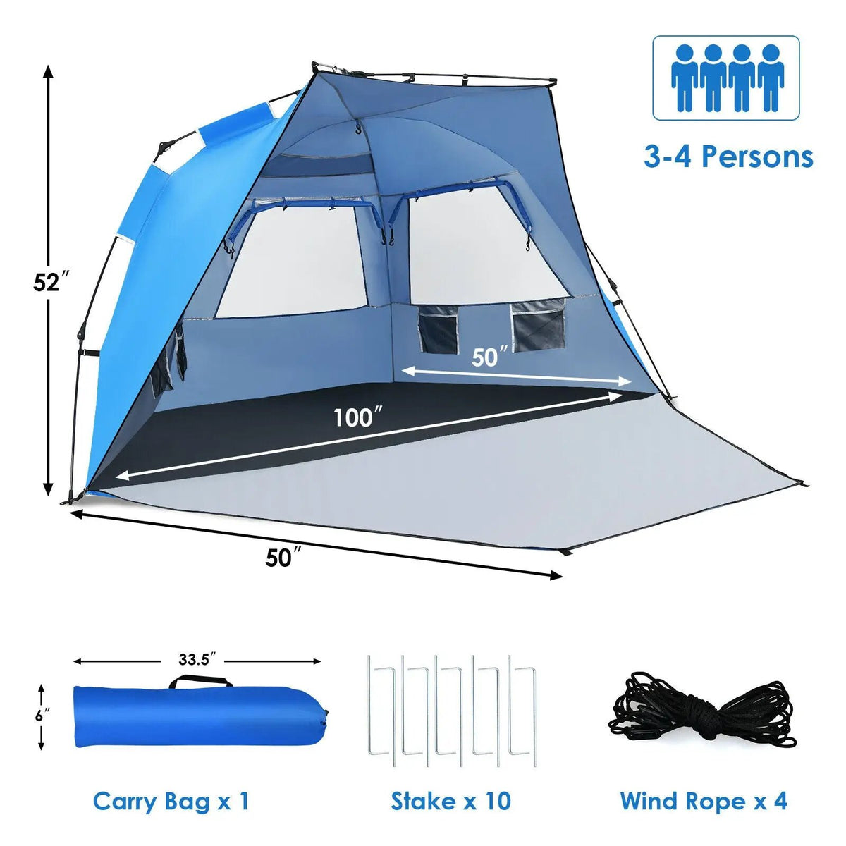 3-4 Person Easy Pop Up Beach Tent UPF 50+ Portable Sun Shelter by DirectDeals