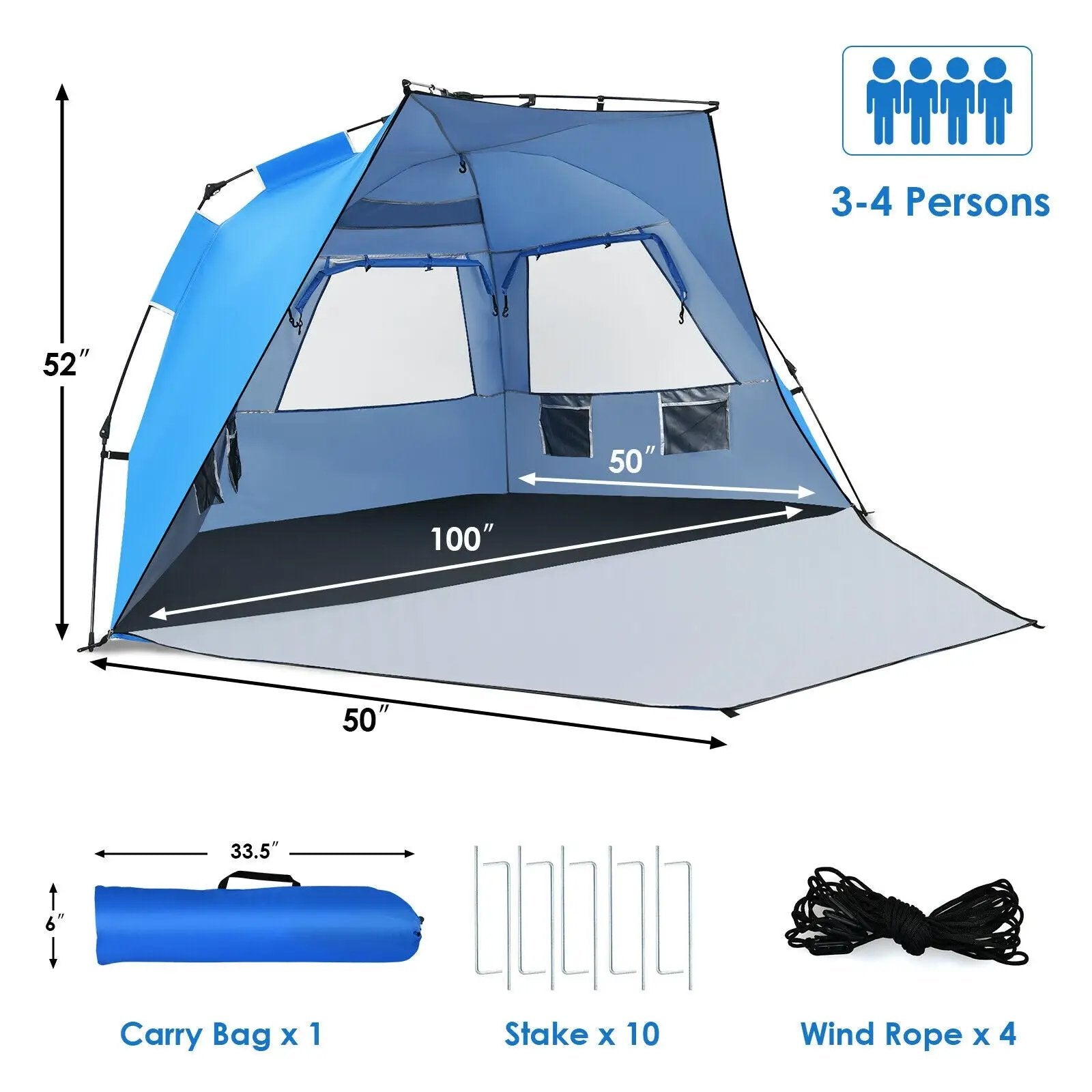 3-4 Person Easy Pop Up Beach Tent UPF 50+ Portable Sun Shelter by DirectDeals