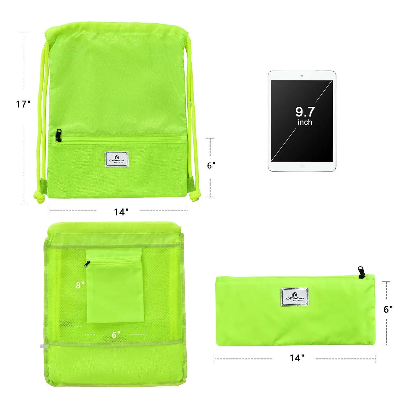 Drawstring Backpack String Bag Foldable Sports Sack with Zipper Pocket-Green by DirectDeals