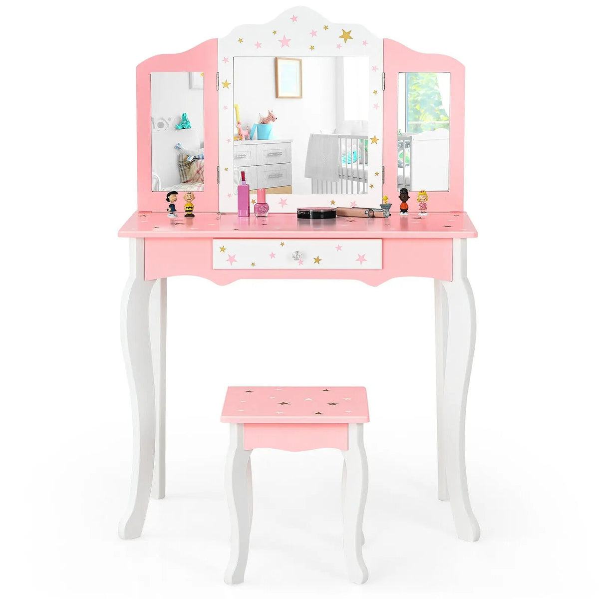 Kids Princess Vanity Table and Stool Set with Tri-folding Mirror and Drawer by DirectDeals