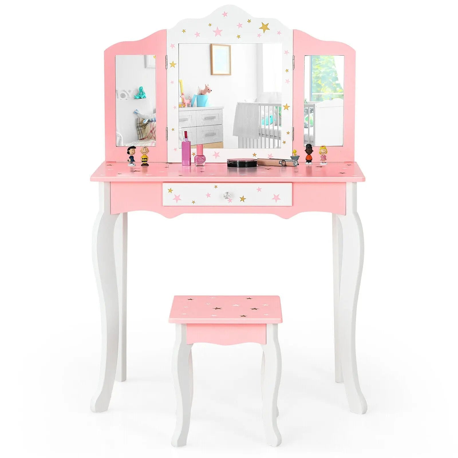 Kids Princess Vanity Table and Stool Set with Tri-folding Mirror and Drawer by DirectDeals